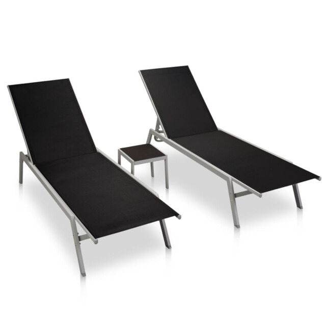 Sun Lounger Set 2pcs Black Steel Textilene Glass 200x58x32cm Outdoor
