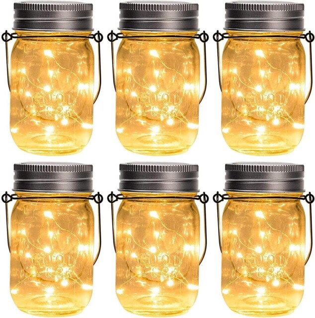 Gigalumi Hanging Solar Mason Jar Lights, 6 Pack 30 Led 6 Pack, Warm