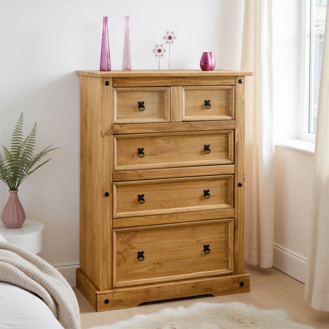 Corona 3+2 Drawer Chest Bedroom Large Storage Wax Solid Wood Pine