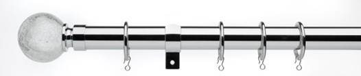 Universal Metal Curtain Pole, 28mm Cracked Glass Finial, Satin Steel,