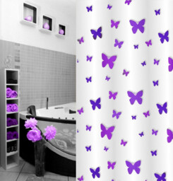Purple Violet Textile Shower Curtain 180 X 200cm. Butterfly Design