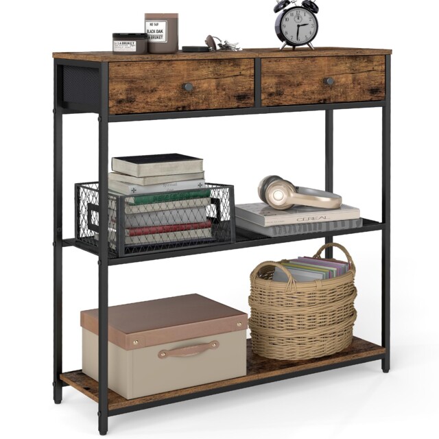 Vasagle Narrow Console Table With 2 Fabric 76w Cm, Rustic Brown + Ink