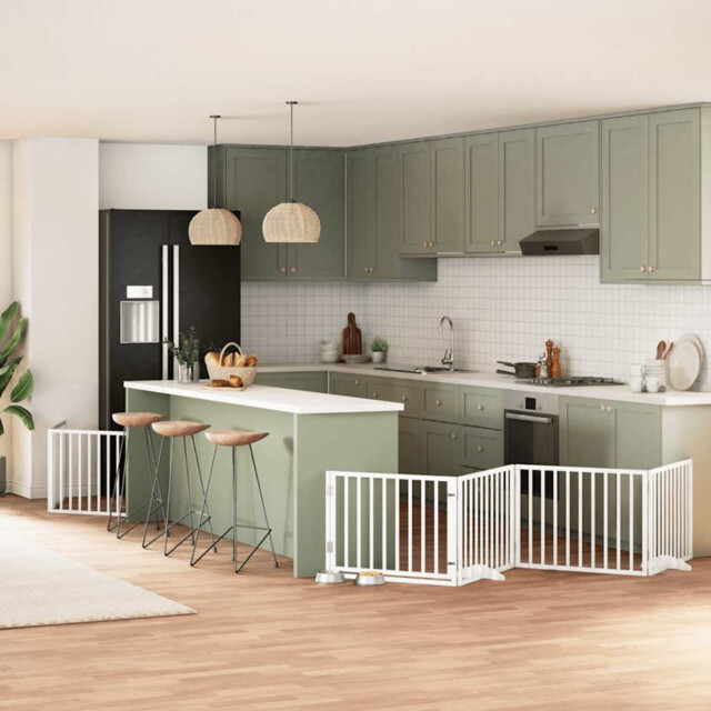 Dog Gate White Poplar Wood 800 Cm. Foldable With Door Free-standing