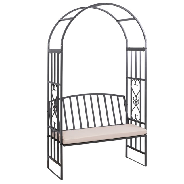 Outsunny Garden Arbor Arch Metal Bench Padded Seat Outdoor Decoration