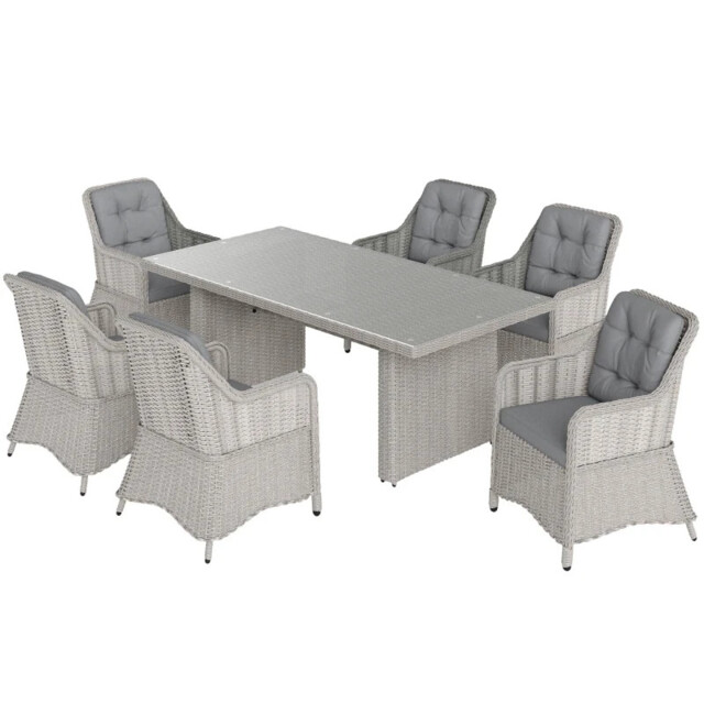 6 Seater Rattan Dining Set With Glass Top Table And Cushions Outdoor