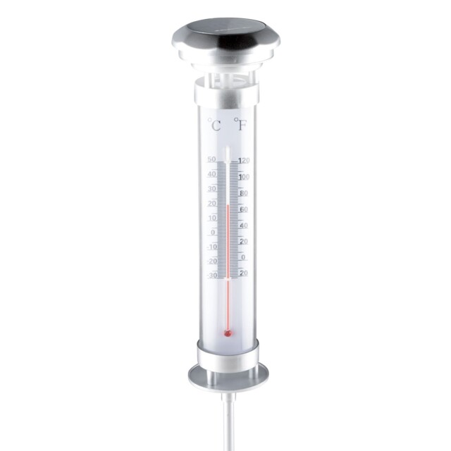 Grundig Outdoor Solar Led Thermometer Lamp With Stake, Silver Round