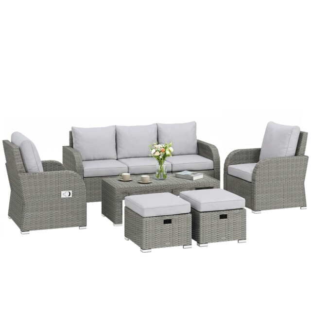 Outsunny Rattan Garden Furniture Set With Recliners, Footstools, Light