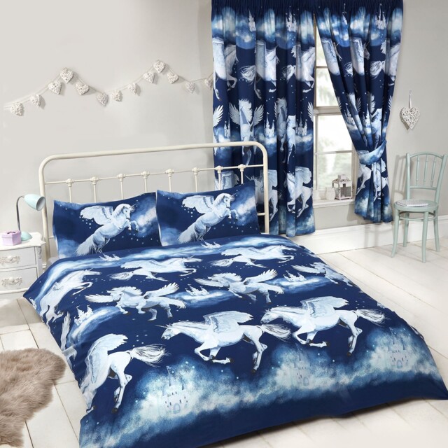 Stardust Unicorn Navy Blue Double Duvet Cover Set Kids Bedding