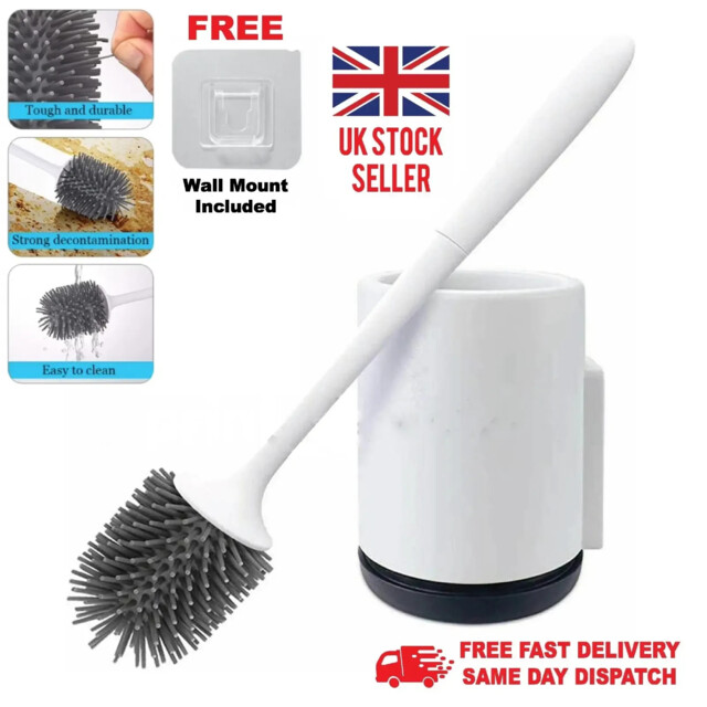 Toilet Brush Set Soft Tpr Silicone Bristle Cleaner With Holder & Wall