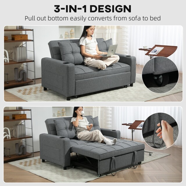 Homcom 2 Seater Pull Out Sofa Bed With Pockets For Living Room