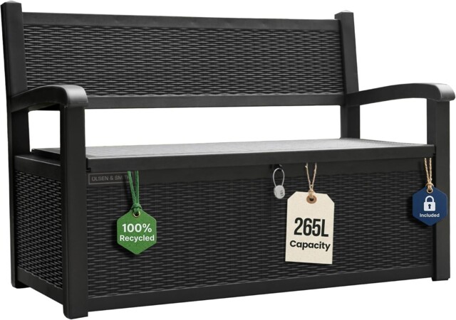 265l Outdoor Garden Storage Bench Box, Lockable Rattan Effect Patio