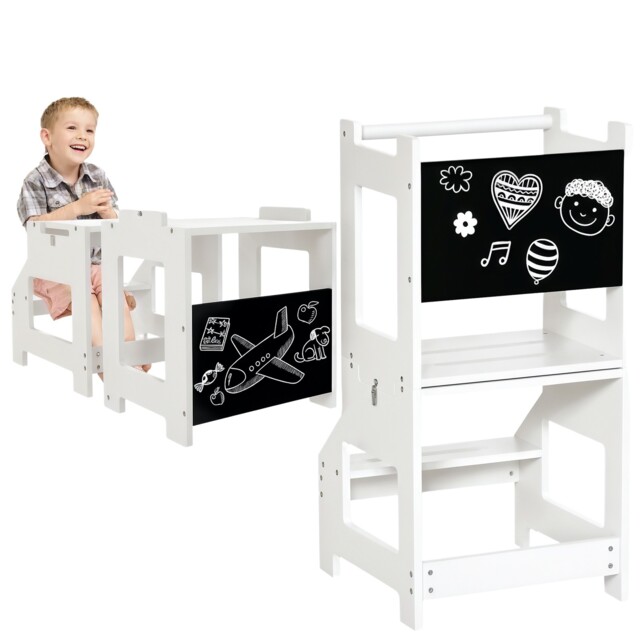 Homcom 2 In 1 Kids Kitchen Step Stool Helper With Safety Rail, White
