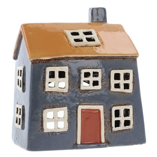 Shudehill Giftware Village Pottery House Tealight Holder - Blue/yellow