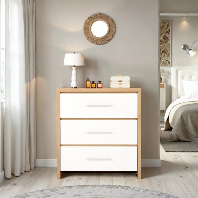 Seville 3 Drawer Chest White Gloss Light Oak Bedroom Storage Cabinet