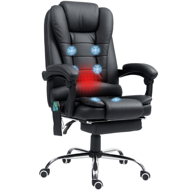 Office Chair Black Pu Leather 6-point Heated Massage Recliner 65cm W