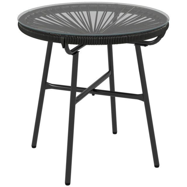Coffee Table Black 50x50x50cm Pe Rattan Metal Round Glass Top Outdoor