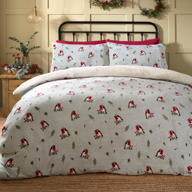 - Vintage Red Robin Christmas Fleece Duvet Cover - Double Bedding Size
