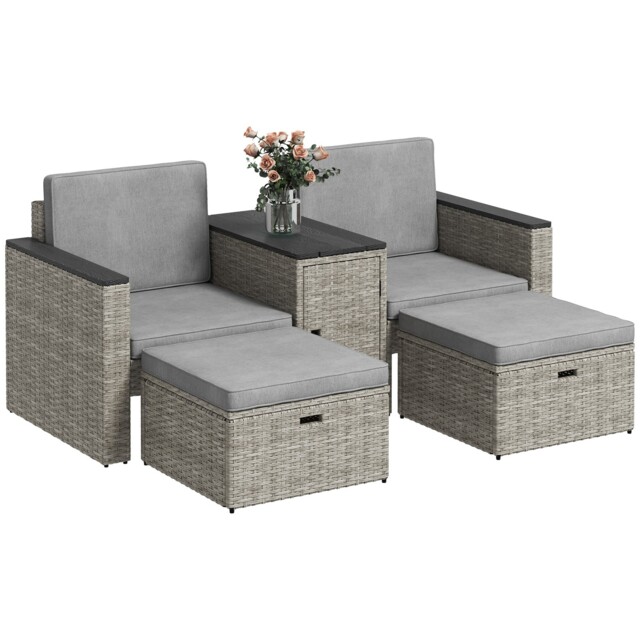 Rattan Garden 5-piece Set Grey Steel Pe Rattan Wpc Table 70x64x70cm