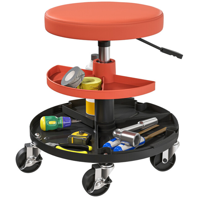 Workshop Rolling Stool Yellow Pu Seat 29cm Pneumatic 40-51cm Steel