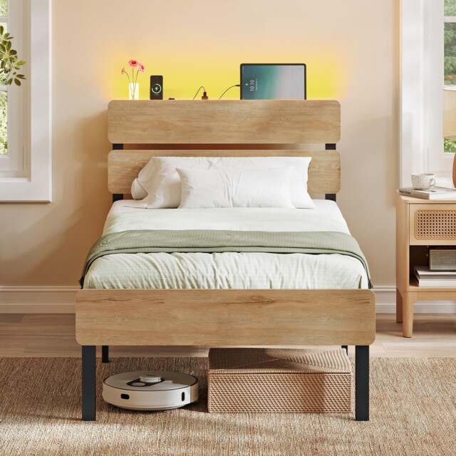 Vasagle Single Metal Bed Frame, 90 X 190 Cm, Led Single, Natural Brown