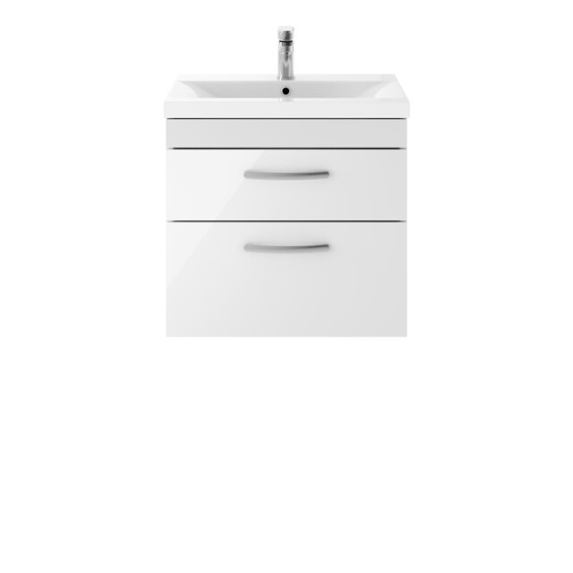 Nuie Athena Gloss White 600mm Wall Hung 2 Drawer Vanity Unit And Thin