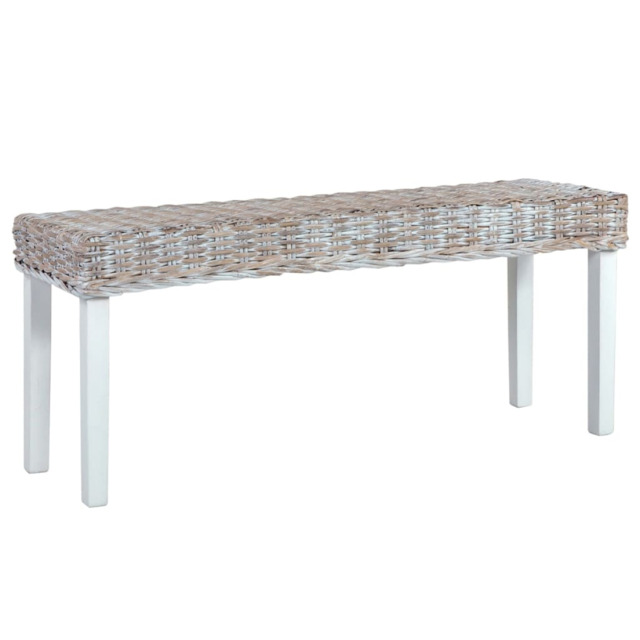 Bench White 110cm Natural Kubu Rattan Seat Solid Mahogany Legs