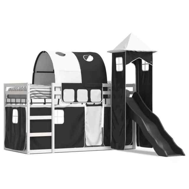 Bunk Bed With Slide And Curtains White And Black 90x200 Cm Vidaxl