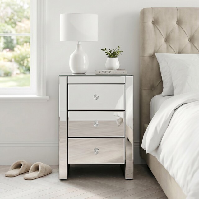 Bedside Tables Pair Of Venetian Mirrored 3 Drawer - Lamp Bedroom