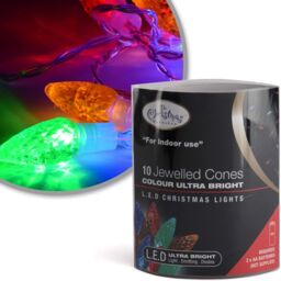 10 Battery Operated Led Lights Jewelled Cone Multi Coloured Static