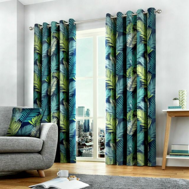 Fusion 100% Cotton Tropical Palm Leaf Print Lined Eyelet Curtains Or