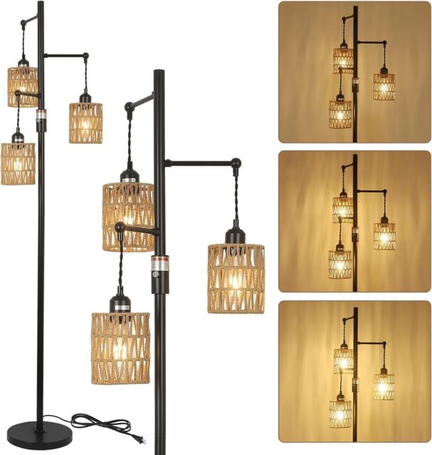 Rayofly Dimmable Rattan Floor Lamp, 3-lights Boho Floor Lamp With