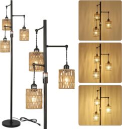 Rayofly Dimmable Rattan Floor Lamp, 3-lights Boho Floor Lamp With