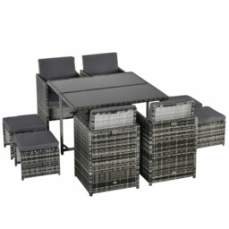 8 Seater Cube Rattan Garden Dining Set With Cushions, Grey