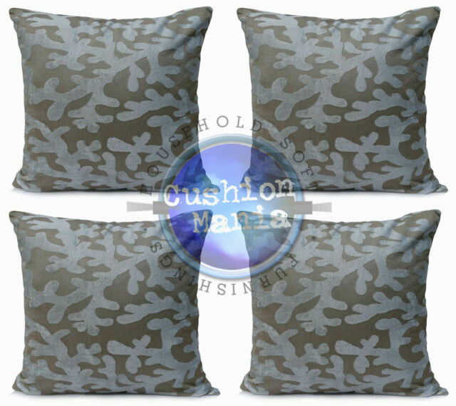 Set Of 4 Large Cushions Covers Velour Velvet Branch Pattern Cream