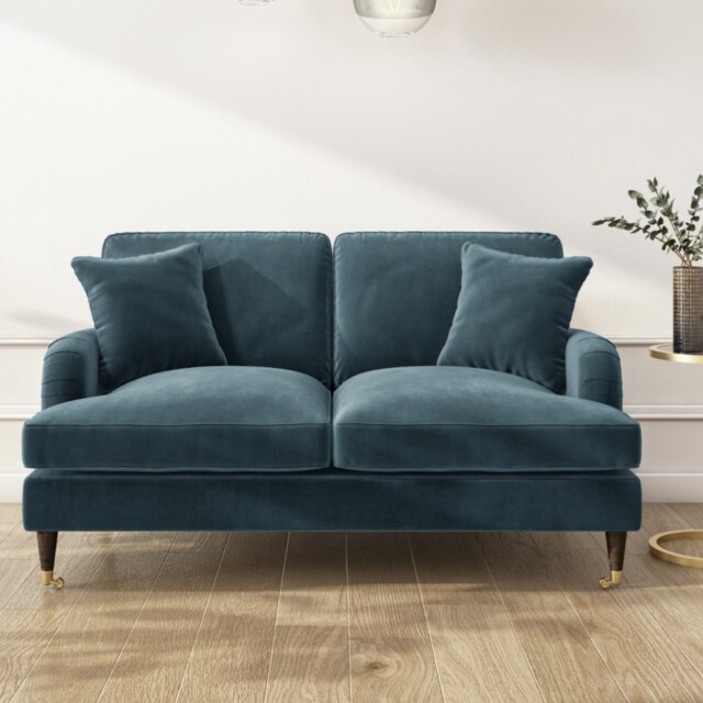 Blue Velvet Sofa 2 Seater With Ruched Saddle Arms Wood Gold Legs