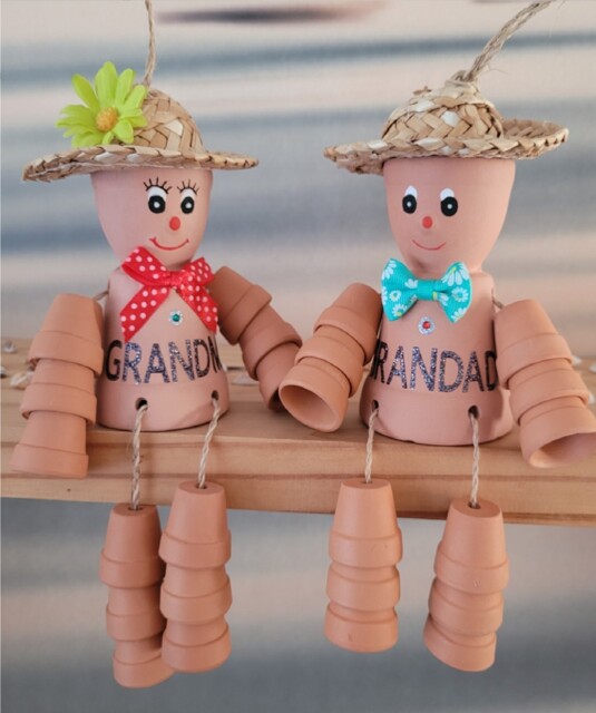 Pair Terracotta Flower Pot Man Grandma And Grandad Hanging Ornament