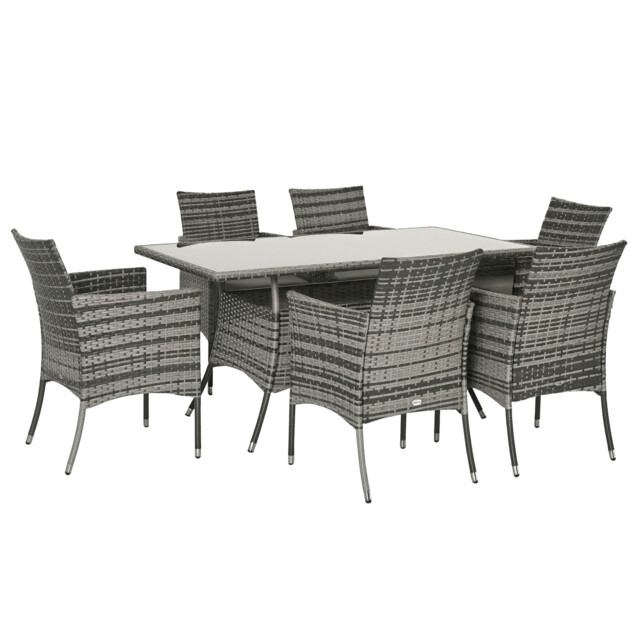Outsunny Rattan Dining Set For 6 With Cushions, Glass Top Table, Grey