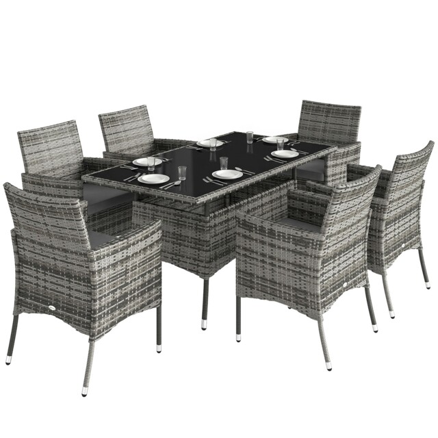 Outsunny Rattan Dining Set For 6 With Cushions, Glass Top Table, Grey