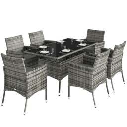 Outsunny Rattan Dining Set For 6 With Cushions, Glass Top Table, Grey