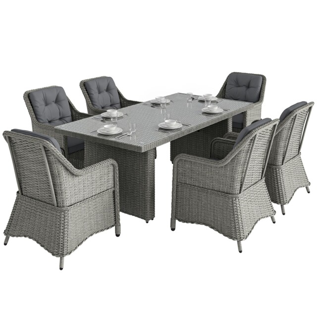 Outsunny 6 Seater Rattan Dining Set With Glass Top Table And Cushions,