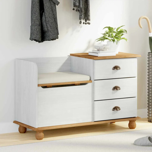 Entryway Storage Bench White Solid Pine Wood 100x39x62cm 3 Drawer