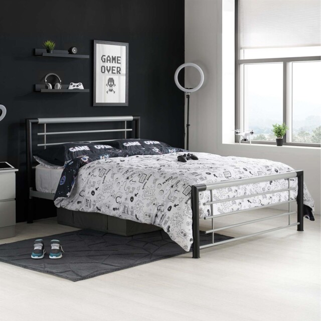 Black Small Double Bed Frame Faro 120cm 4ft & Silver Metal Bedstead
