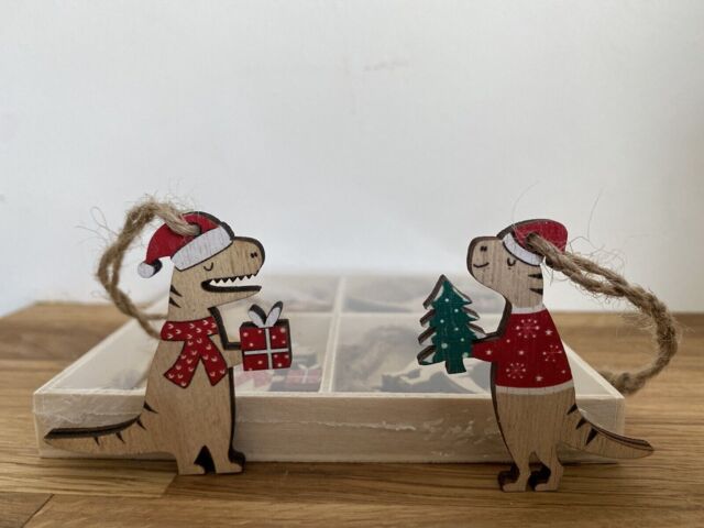 Set Of 8 Christmas Dinosaur Decorations - Wooden Nordic Hanging Tree