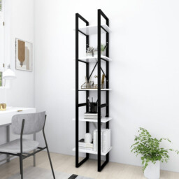 Bookcase 5-tier White 40x30x175 Cm Engineered Wood & Metal Slim Modern