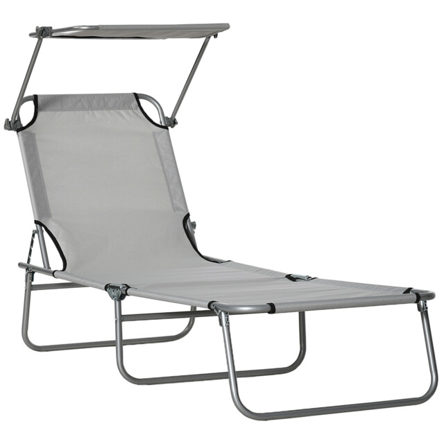 Folding Sun Lounger Chair W/ Sunshade Garden Recliner Hammock Grey