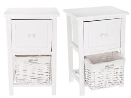 2pc White Shabby Chic Bedside Unit Tables Drawers Cabinet Wicker