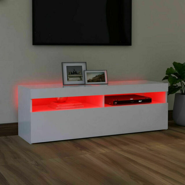 Modern Tv Unit Cabinet White Stand Full High Gloss120cm With Led