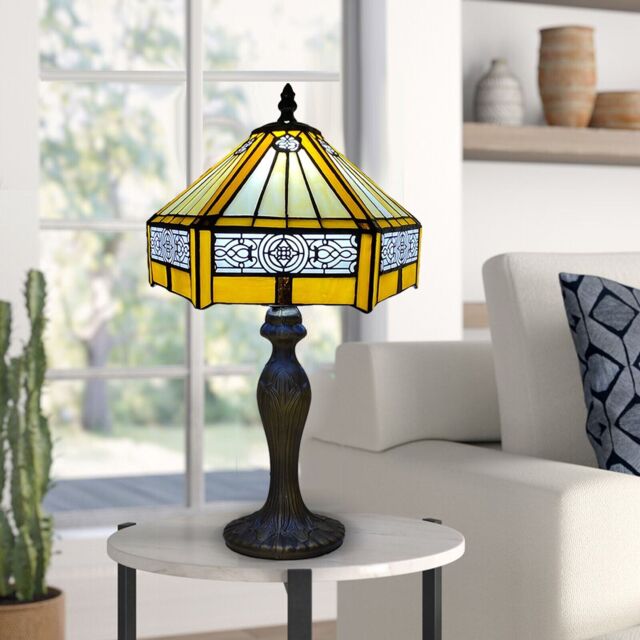 "Yellow Hexagon Tiffany Antique Style 10"" Table Lamp Stained Glass"