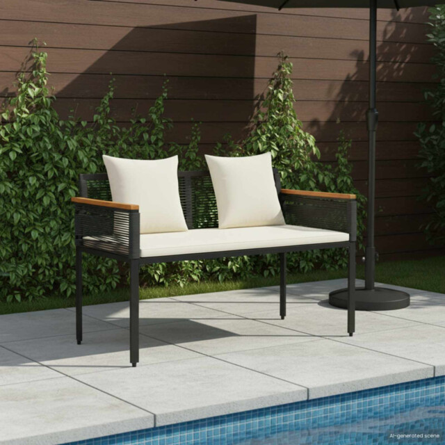 Outdoor Bench Black & Cream White Poly Rattan Steel 117x54x74.5cm