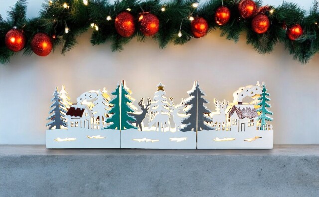 Festive Natural Wood Light Up Led Christmas Village Handcrafted Scene